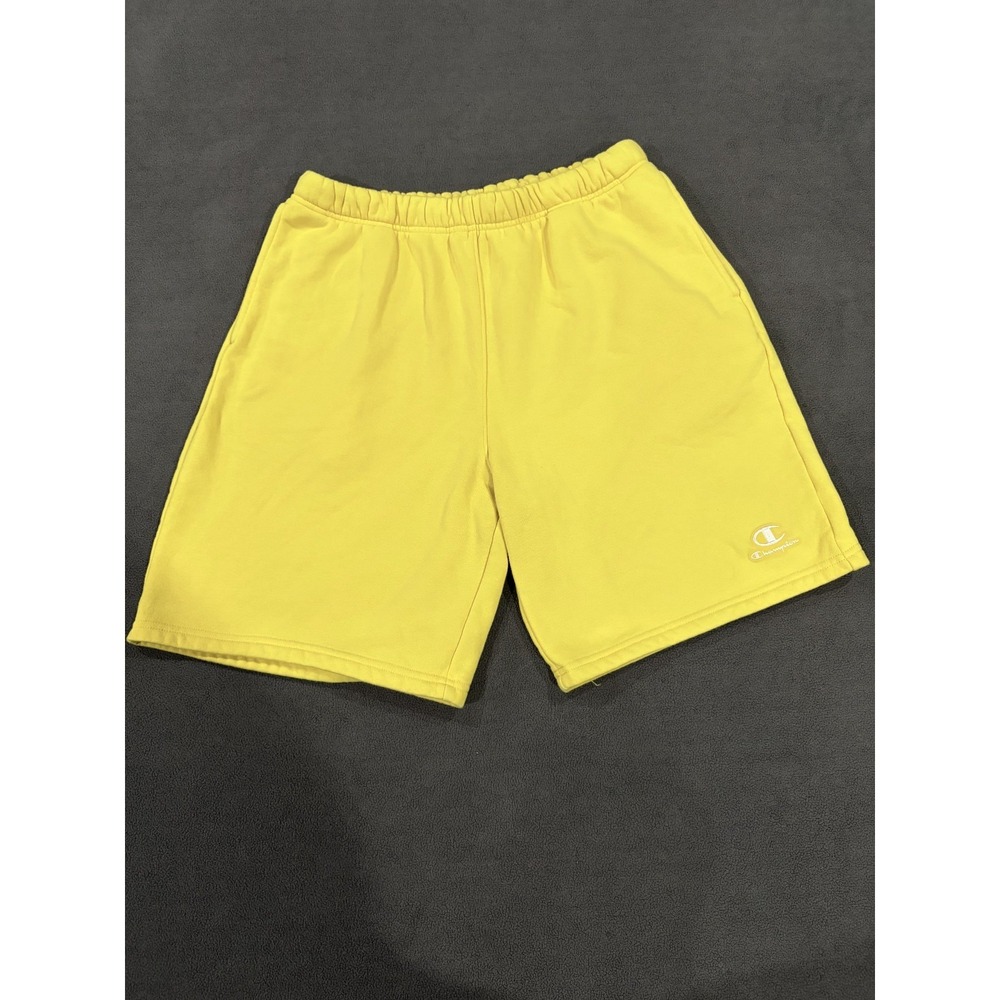 Champion Classic Fleece Sweat Shorts Mens Medium Yellow Logo Elastic Waist